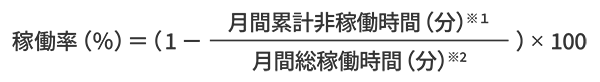 稼働率(%)=(1 - 月間累計非稼働時間(分)※1 / 月間総稼働時間(分)※2)× 100